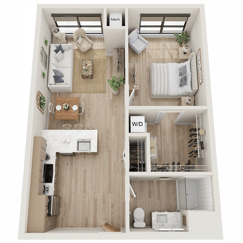 Floor plan for 1 bed, 1 bath, 661 sqft